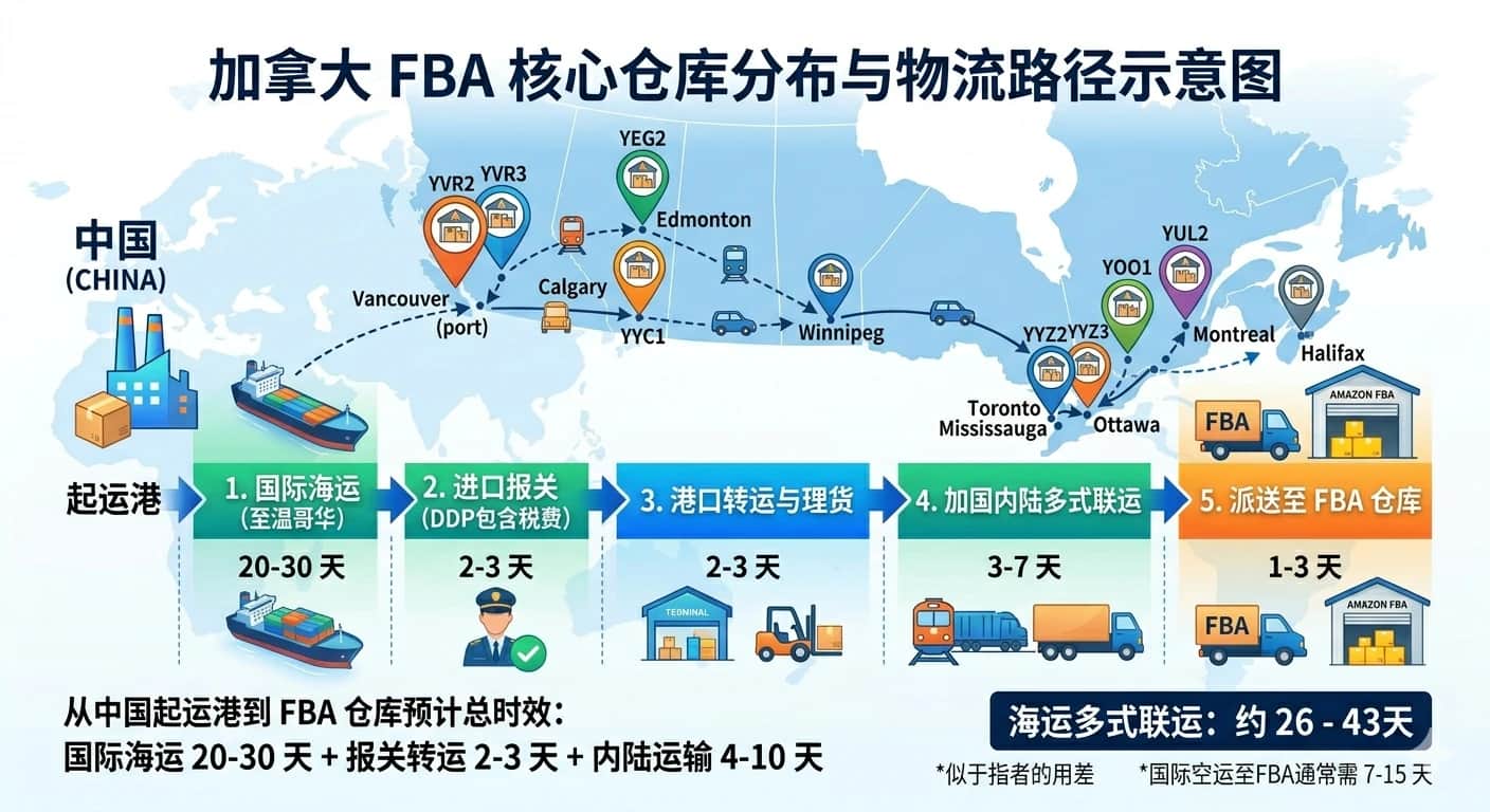 加拿大 FBA 核心仓库分布与物流路径示意图