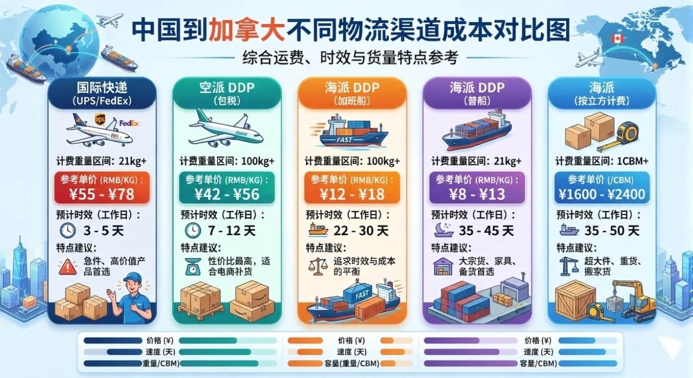 中国到加拿大不同物流渠道成本对比图
