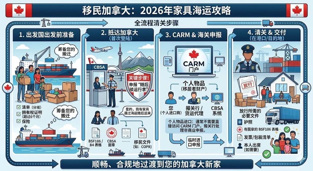 2026 加拿大新移民家具免税申报核心路径 2026 加拿大海关移民个人物品清关流程图