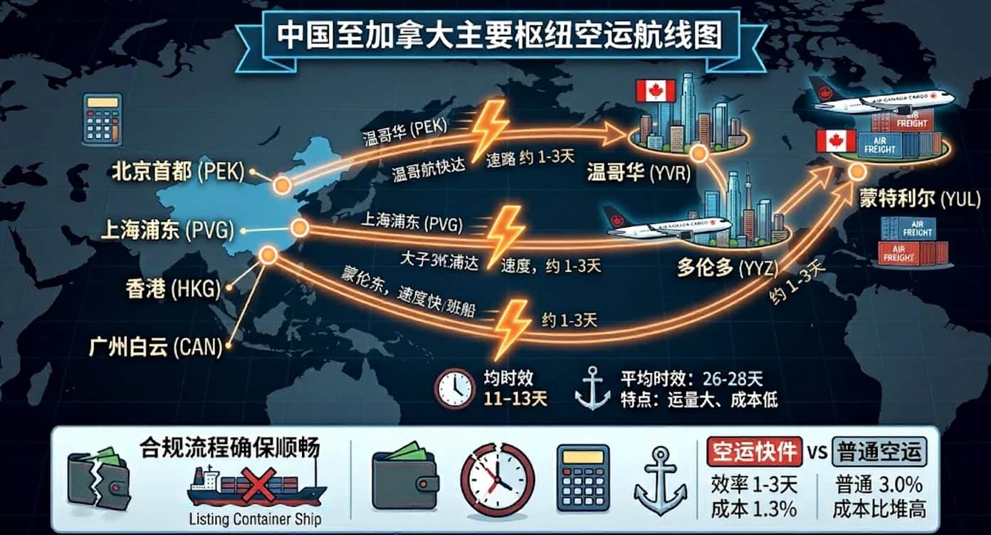 2026 中国至加拿大主要枢纽的空运航线图 2026 中国至加拿大主要枢纽的空运航线图