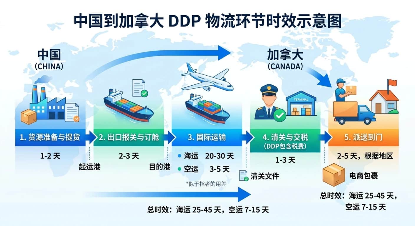 中国到加拿大 DDP 物流环节时效示意图