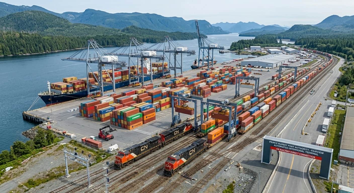 2026 鲁珀特王子港:北美效率最高的集装箱转运中心 鲁珀特王子港自动化码头与 CN 铁路接驳现场